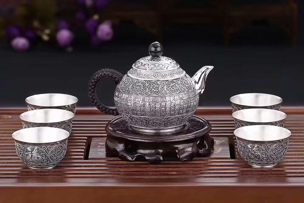 纯银礼品定制-纯银茶具套装《百福》